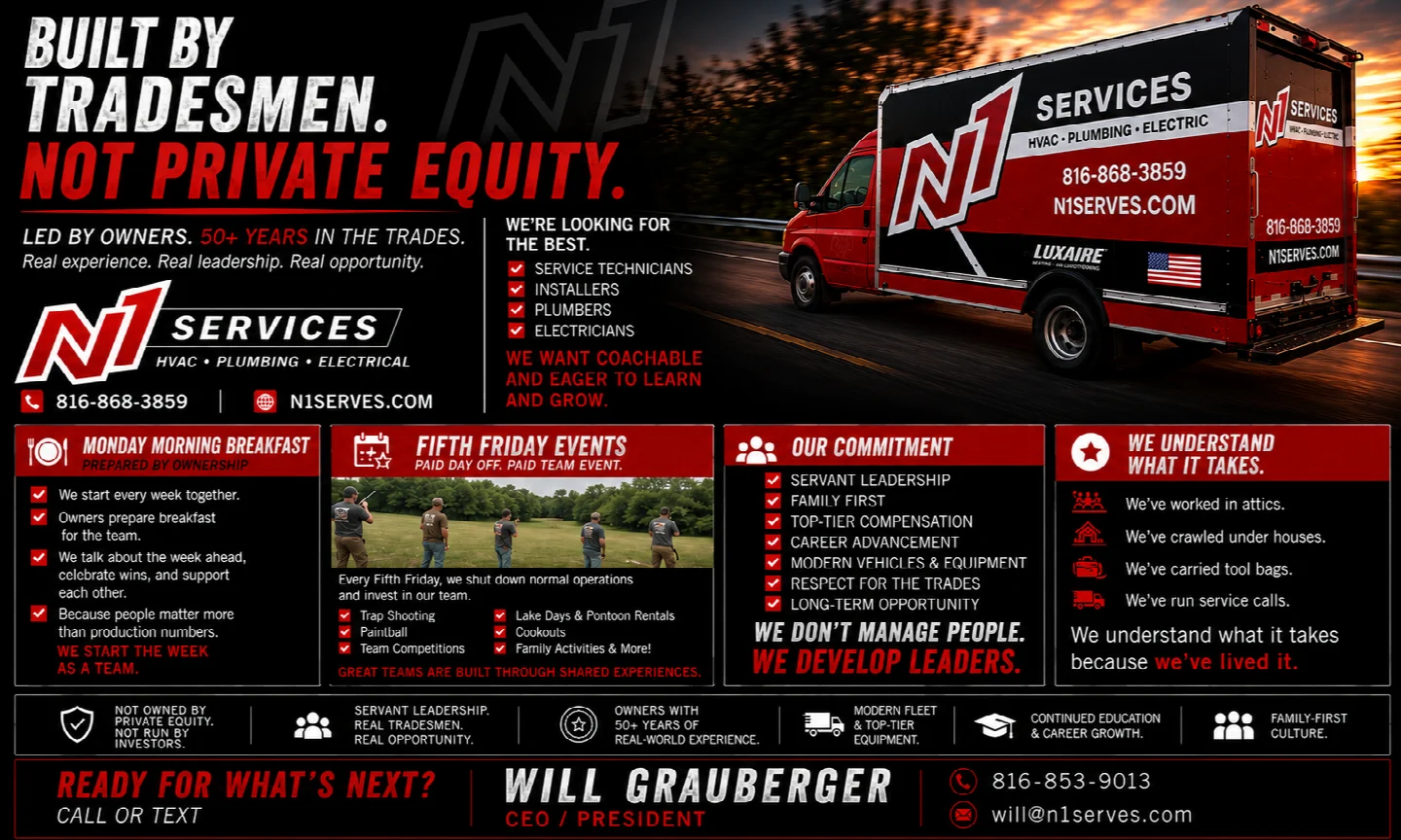N1 Services careers — Built by Tradesmen, Not Private Equity. Hiring service technicians, installers, plumbers, and electricians.